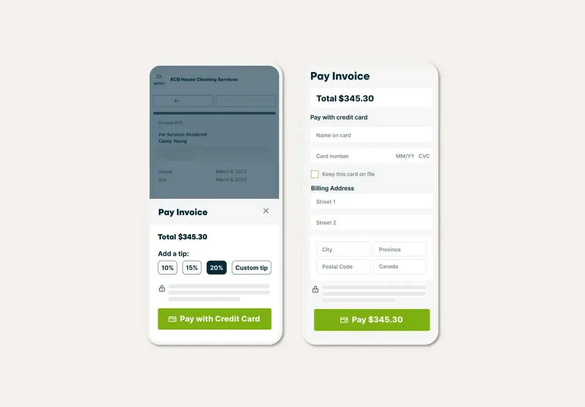 Jobber customer invoice on a phone with a Pay with Credit Card button and the card payment screen